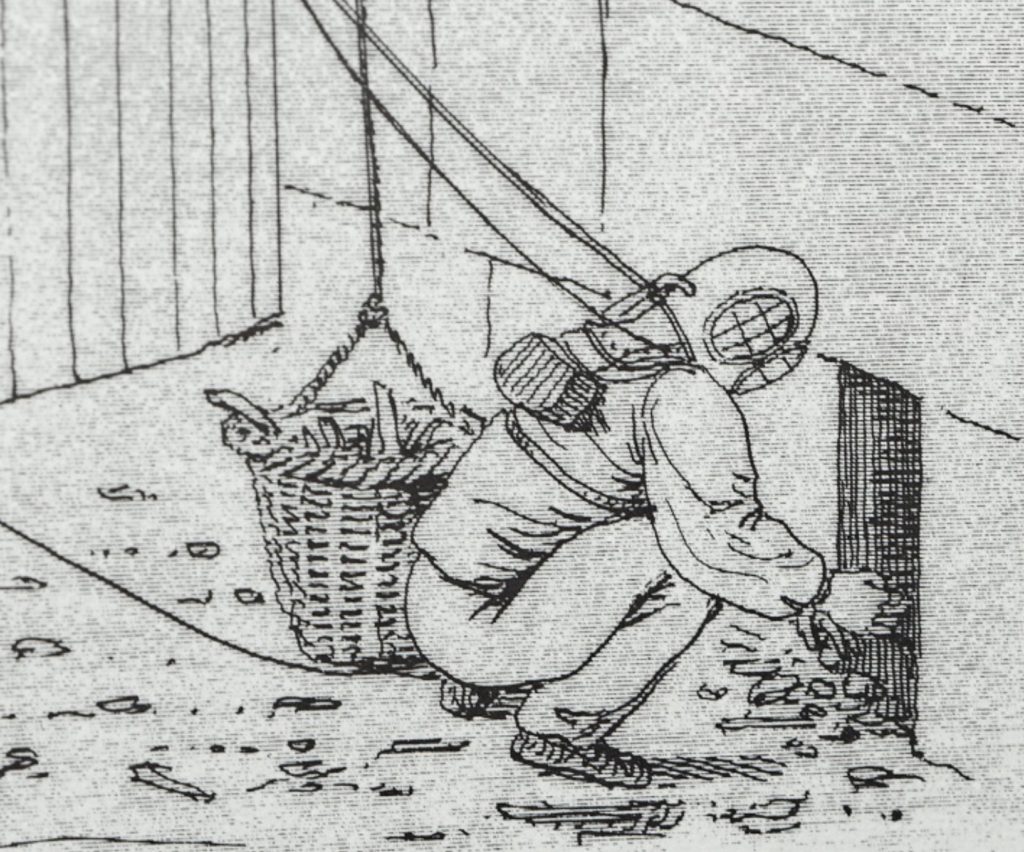 Detail from a black and white line drawing showing a diver in a dive suit with metal helmet, rope, and breathing tube crouched next to a basket collecting items from the seabed. An object tied to his back is a weight that looks similar to those found on the wreck of the Colossus.