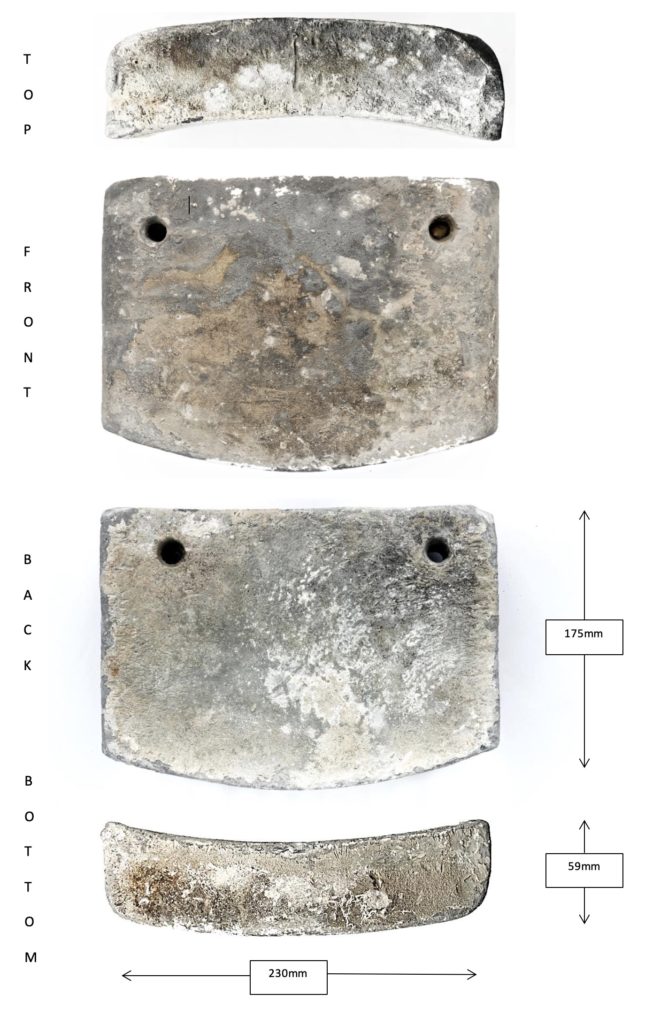 A composite photograph showing the top, bottom, and both sides of one of the lead diving weights. The lead is a dull grey colour, with patches of lighter and darker shade where the lead has oxidised. Arrows indicate its width (230mm), depth (59mm) and height (175mm).