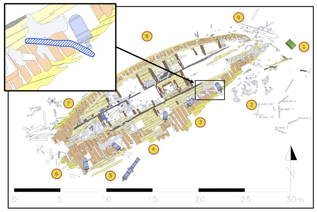 A digital plan of the Colossus drawn from underwater survey data. A rectangular inset shows enlarged detail from the mid-right of the plan showing a long bent object representing the mystery iron object.